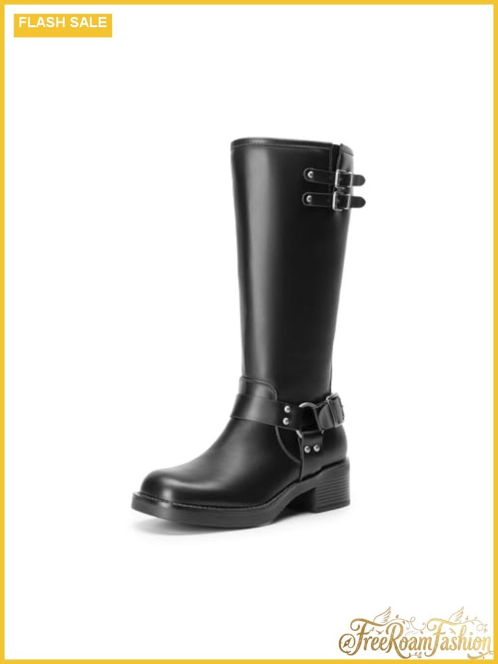 Women's Moto Knee High Boots Square Toe Block Heel Faux Leather Zip